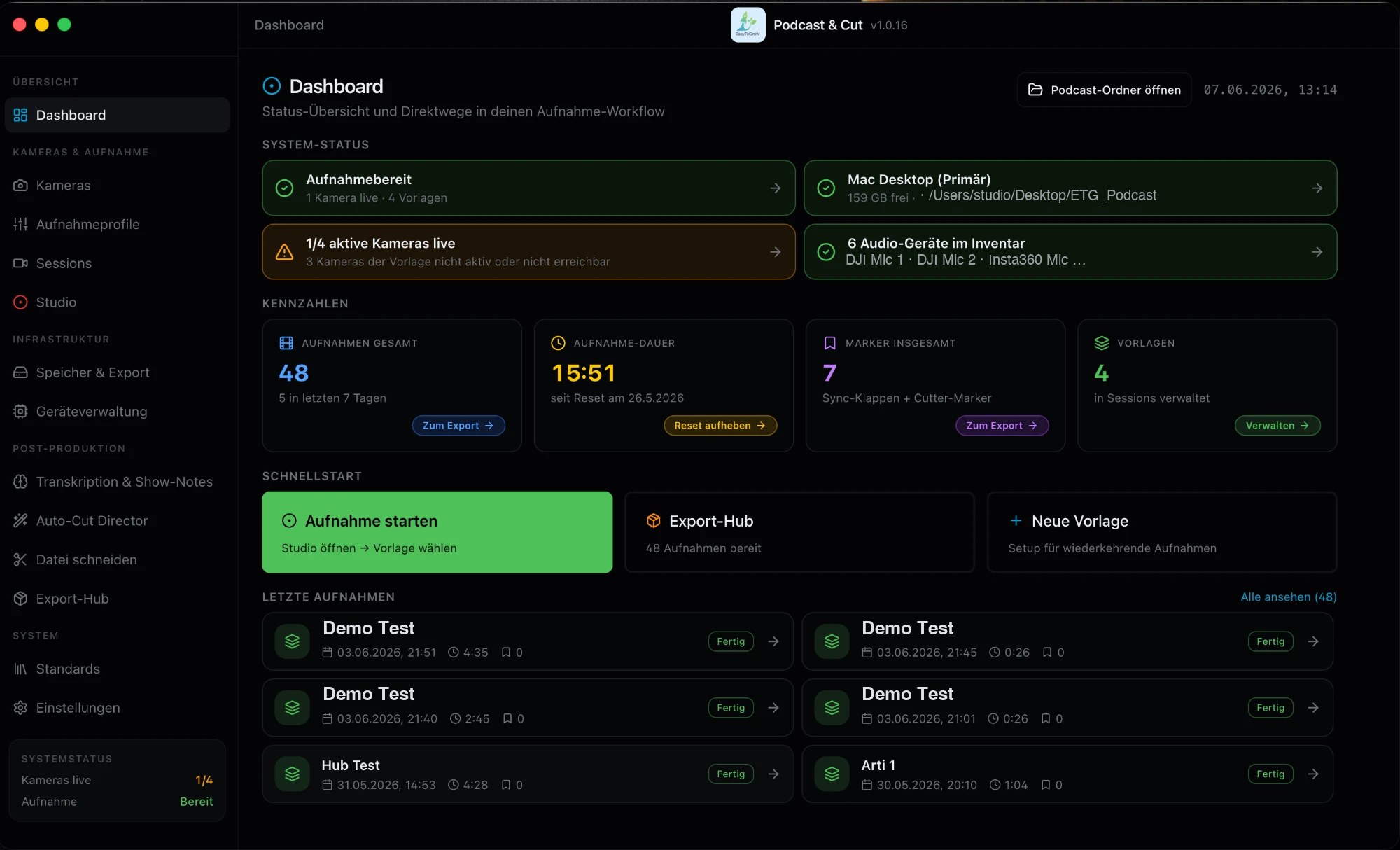 ETG Podcast & Cut — Dashboard: System-Status, Kennzahlen und letzte Aufnahmen